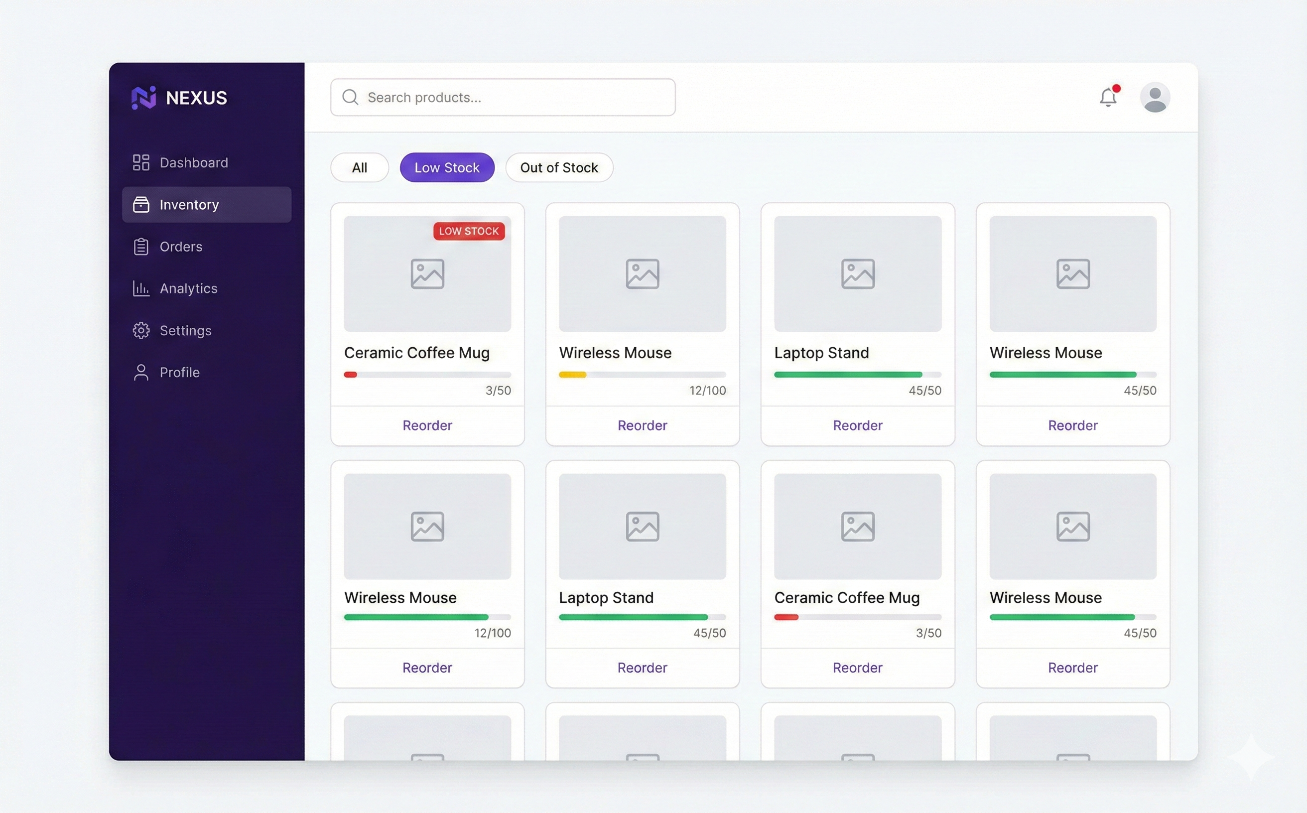 Inventory app - clean dashboard with search and filters