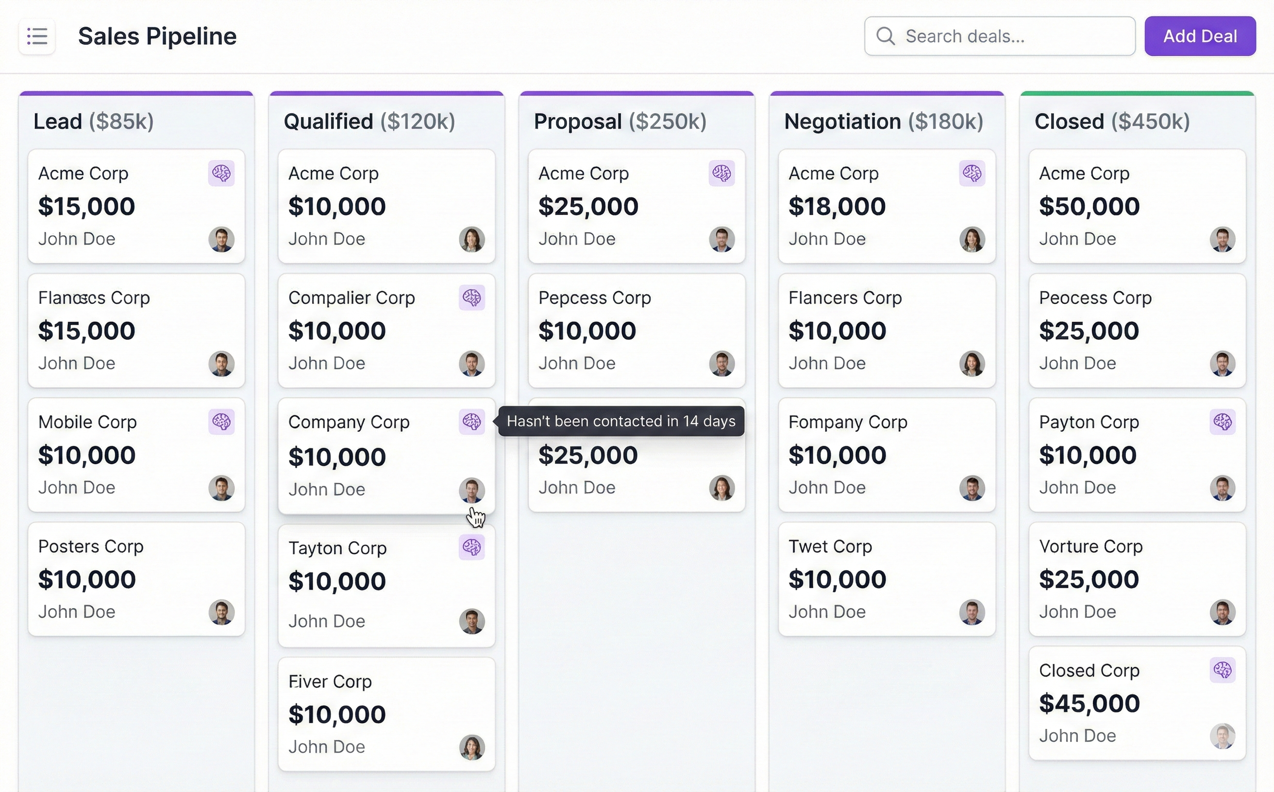 Sales pipeline app - Kanban board with AI insights